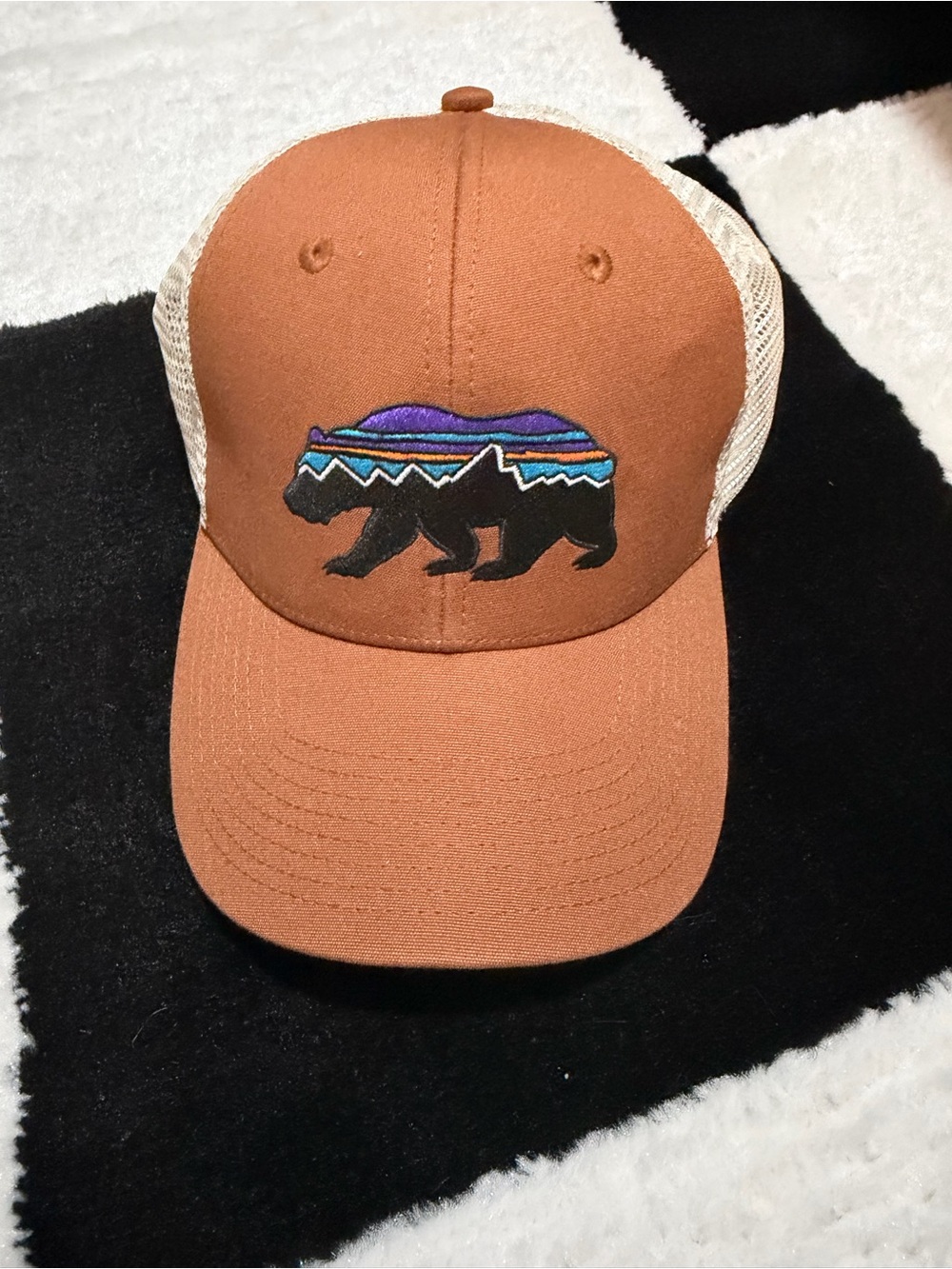 Patagonia Brown and Cream Trucker Hat with Multicolor Bear Patch